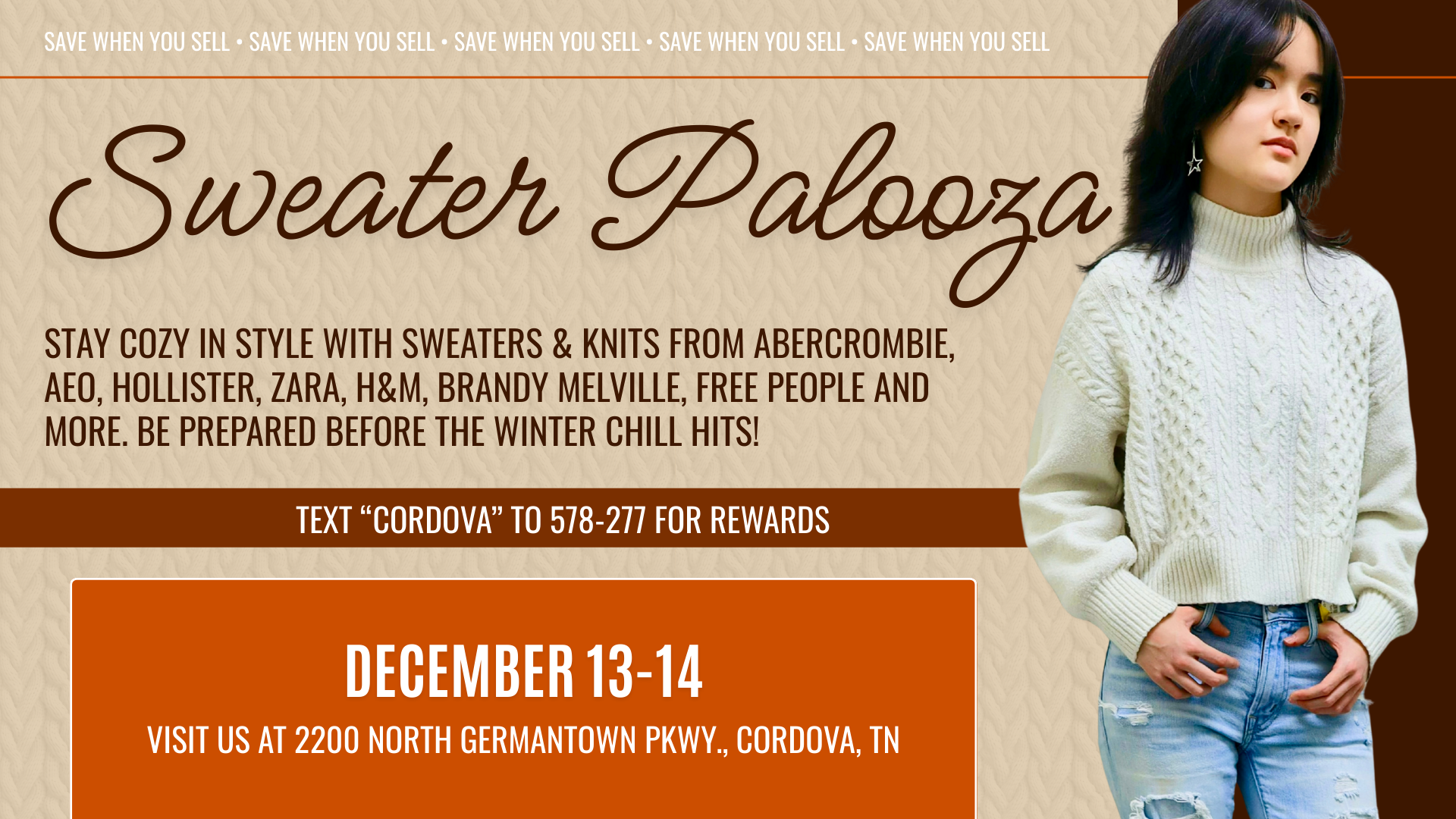 Holiday Drop display at Plato’s Plato’s Closet Cordova, TN Sweater Palooza December 13–14 featuring gently used sweaters, knits, and winter layers from Abercrombie, AEO, Hollister, Zara, H&M, Brandy Melville, Free People, and more for teens and young adults.Closet Cordova featuring Christmas sweaters, festive outfits, and New Year’s Eve dresses, all priced up to 70% off at 2200 North Germantown Pkwy.